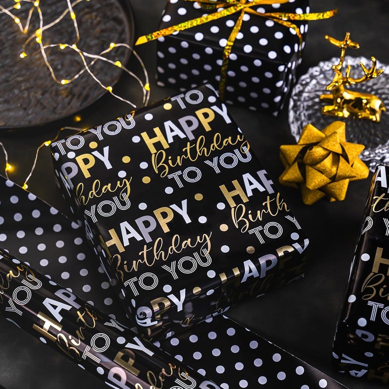 MAYPLUSS Reversible Black Birthday Wrapping Paper Roll - 17 Inch X 33 Feet - Glitter Happy Birthday Lettering Metallic Foil Paper Boy Gift Wrap w/Polka Dot for Party Father's Day Halloween's Day - Image 5